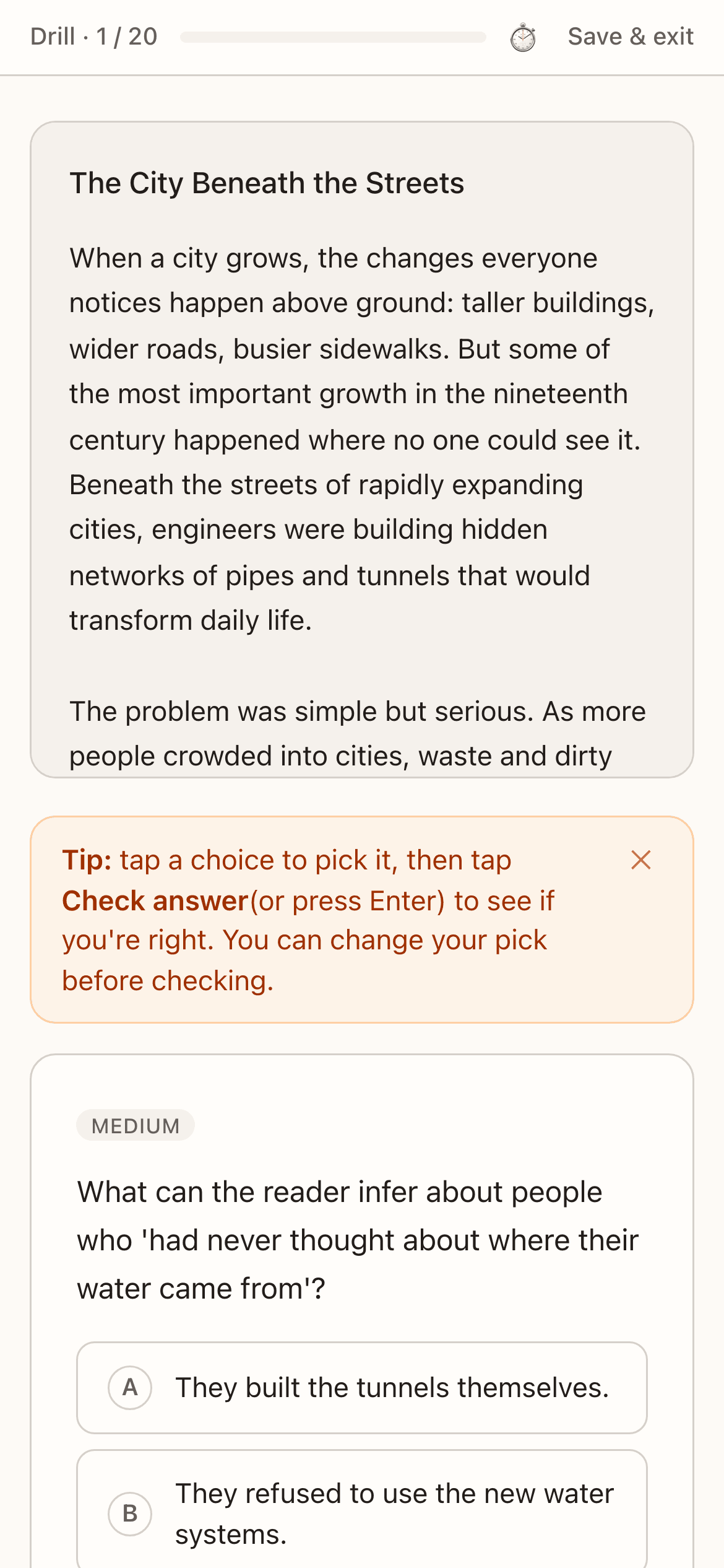 A SHSAT-style practice question in claura's timed exam interface